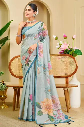 sea green shimmer handloom cotton blend saree with floral print (sfshmr39)