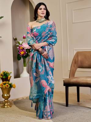 teal shimmer handloom cotton blend saree floral print (sfshmr38) 2