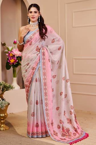 pink white shimmer handloom cotton blend saree floral print