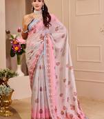 pink white shimmer handloom cotton blend saree floral print (sfshmr37)