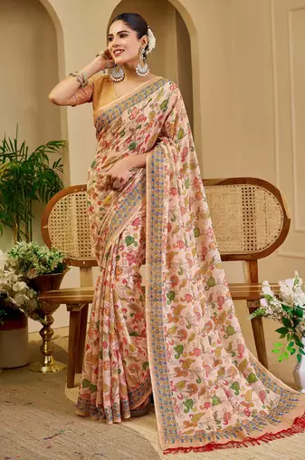 beige pink shimmer handloom cotton blend saree with floral print