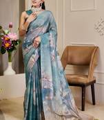 grey blue shimmer handloom cotton blend saree with floral print (sfshmr36)
