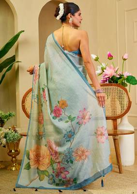 sea green shimmer handloom cotton blend saree with floral print (sfshmr39) 5