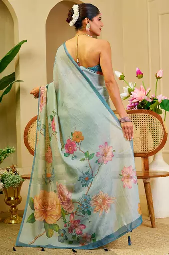 sea green shimmer handloom cotton blend saree with floral print (sfshmr39)