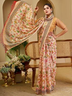 beige pink shimmer handloom cotton blend saree with floral print (sfshmr40) 4