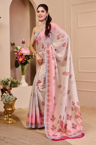 pink white shimmer handloom cotton blend saree floral print