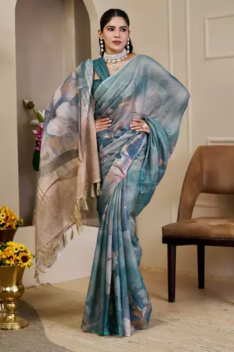 grey blue shimmer handloom cotton blend saree with floral print