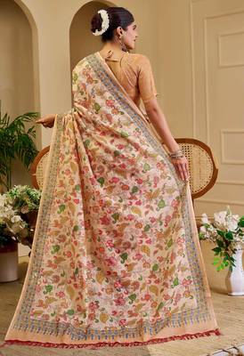 beige pink shimmer handloom cotton blend saree with floral print (sfshmr40) 5