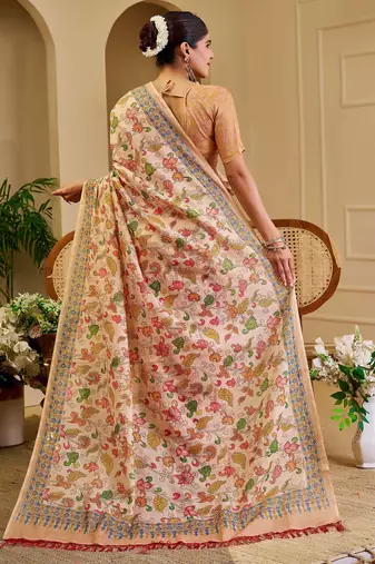 beige pink shimmer handloom cotton blend saree with floral print
