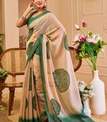 beige green shimmer handloom cotton blend saree with floral print (sfshmr35)