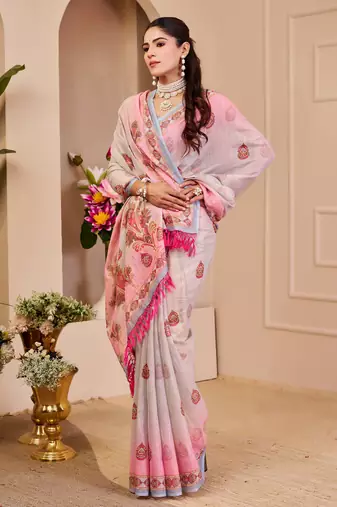 pink white shimmer handloom cotton blend saree floral print