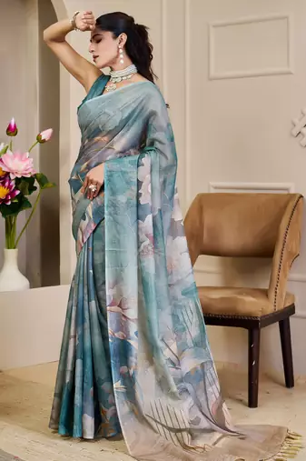 grey blue shimmer handloom cotton blend saree with floral print