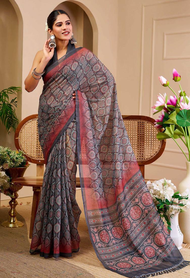 grey purple shimmer handloom cotton blend digital print saree (sfshmr34)