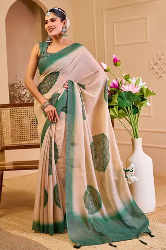 beige green shimmer handloom cotton blend saree with floral print