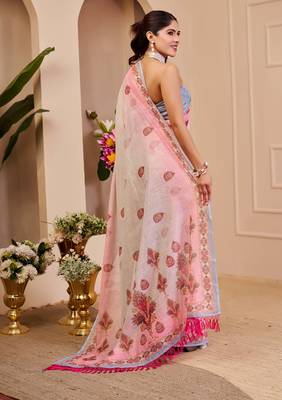 pink white shimmer handloom cotton blend saree floral print (sfshmr37) 4