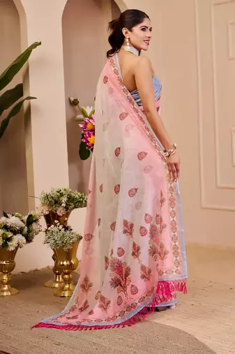 pink white shimmer handloom cotton blend saree floral print