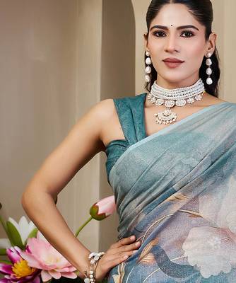 grey blue shimmer handloom cotton blend saree with floral print (sfshmr36) 4