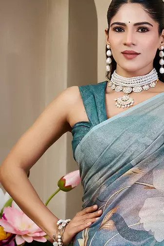 grey blue shimmer handloom cotton blend saree with floral print