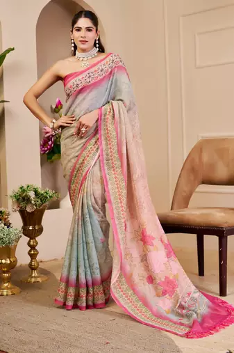sea green pink shimmer handloom cotton blend digital print saree (sfshmr33)