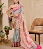 sea green pink shimmer handloom cotton blend digital print saree (sfshmr33)