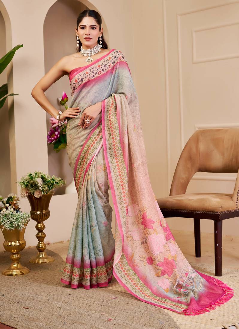 Women's sea green pink tissue shimmer handloom cotton digital print saree (sfshmr33)