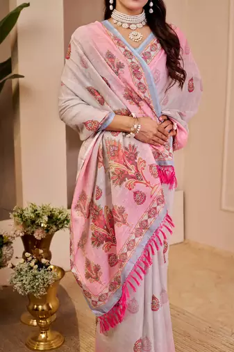 pink white shimmer handloom cotton blend saree floral print