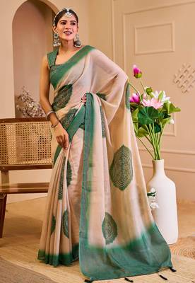beige green shimmer handloom cotton blend saree with floral print (sfshmr35) 3