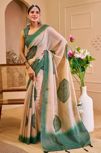 beige green shimmer handloom cotton blend saree with floral print
