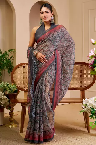 grey purple shimmer handloom cotton blend digital print saree