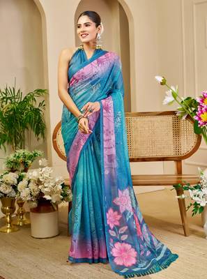 turquoise pink shimmer handloom cotton blend saree floral print (sfshmr32) 1