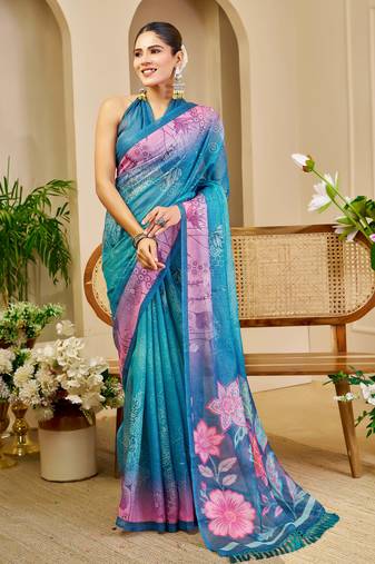 turquoise pink shimmer handloom cotton blend saree floral print