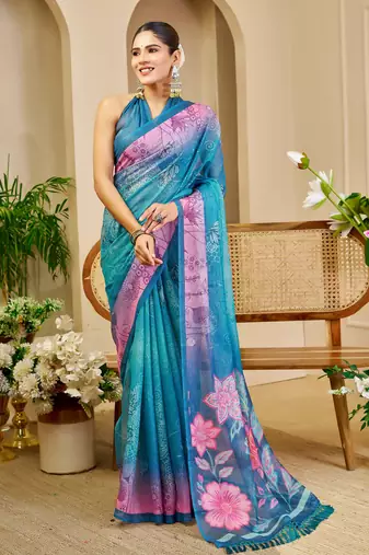 turquoise pink shimmer handloom cotton blend saree floral print