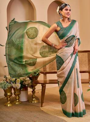 beige green shimmer handloom cotton blend saree with floral print (sfshmr35) 4