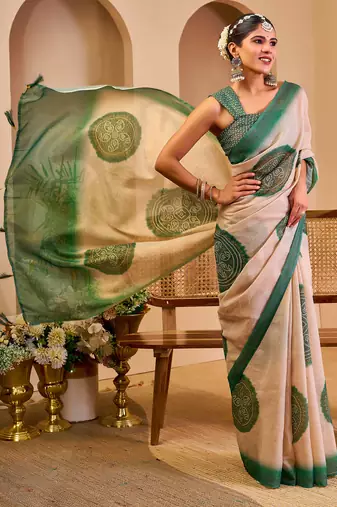beige green shimmer handloom cotton blend saree with floral print