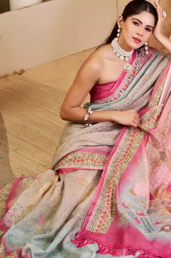 sea green pink shimmer handloom cotton blend digital print saree (sfshmr33)