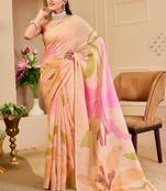 peach pink shimmer handloom cotton blend saree floral print (sfshmr31)