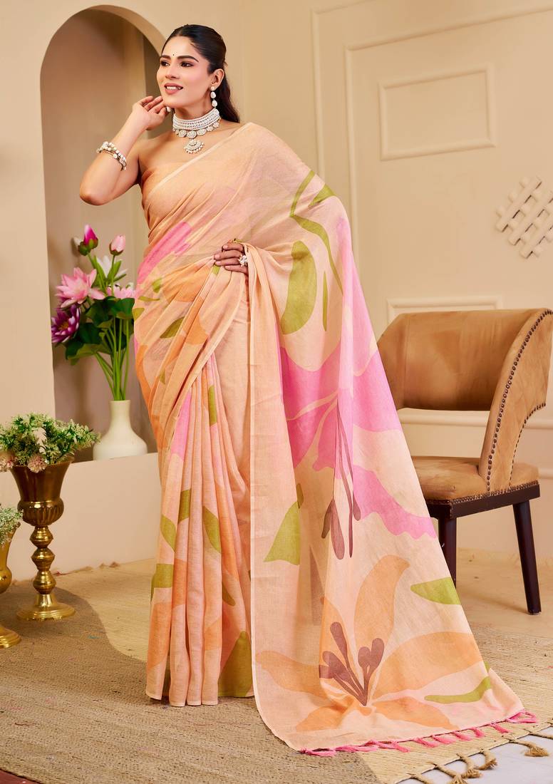 peach pink shimmer handloom cotton blend saree floral print (sfshmr31)