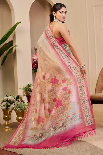 sea green pink shimmer handloom cotton blend digital print saree (sfshmr33)