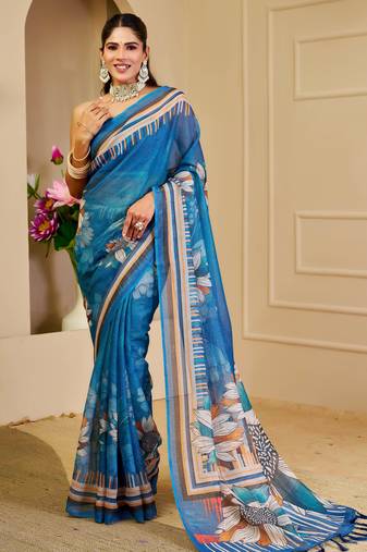 blue shimmer handloom cotton blend saree with floral border print