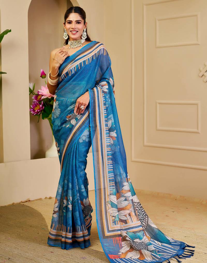 blue shimmer handloom cotton blend saree with floral border print (sfshmr30)