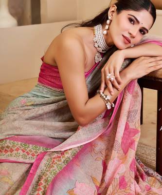 sea green pink shimmer handloom cotton blend digital print saree (sfshmr33) 5