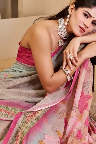 sea green pink shimmer handloom cotton blend digital print saree (sfshmr33)