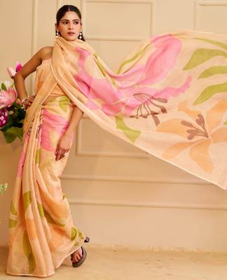 peach pink shimmer handloom cotton blend saree floral print (sfshmr31) 3