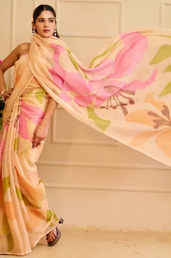 peach pink shimmer handloom cotton blend saree floral print