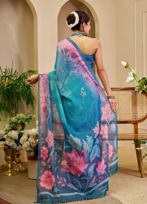 turquoise pink shimmer handloom cotton blend saree floral print (sfshmr32) 4
