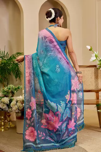 turquoise pink shimmer handloom cotton blend saree floral print