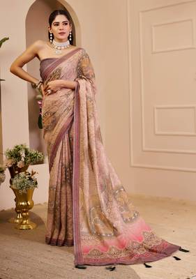 beige pink shimmer handloom cotton blend saree with floral print (sfshmr29) 1