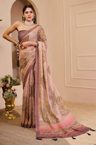 beige pink shimmer handloom cotton blend saree with floral print