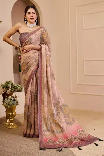 beige pink shimmer handloom cotton blend saree with floral print