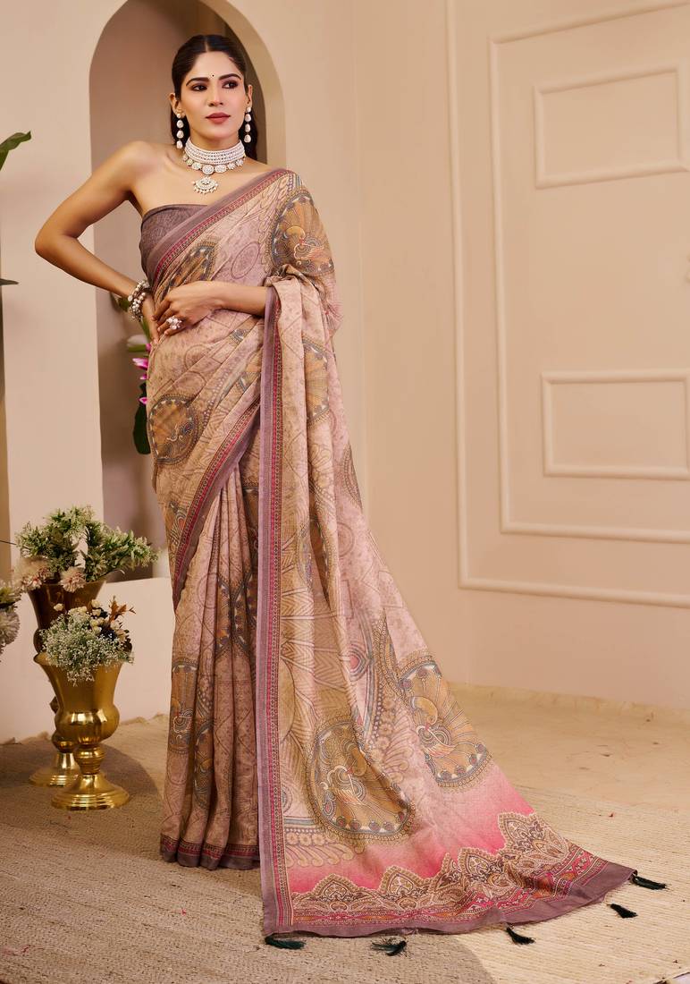 Women's beige pink tissue shimmer handloom cotton saree with floral print (sfshmr29)